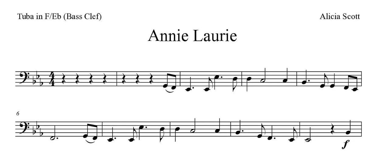 Partitura de Annie Laurie para tuba en Fa/Mib (clave de Fa), primeras líneas