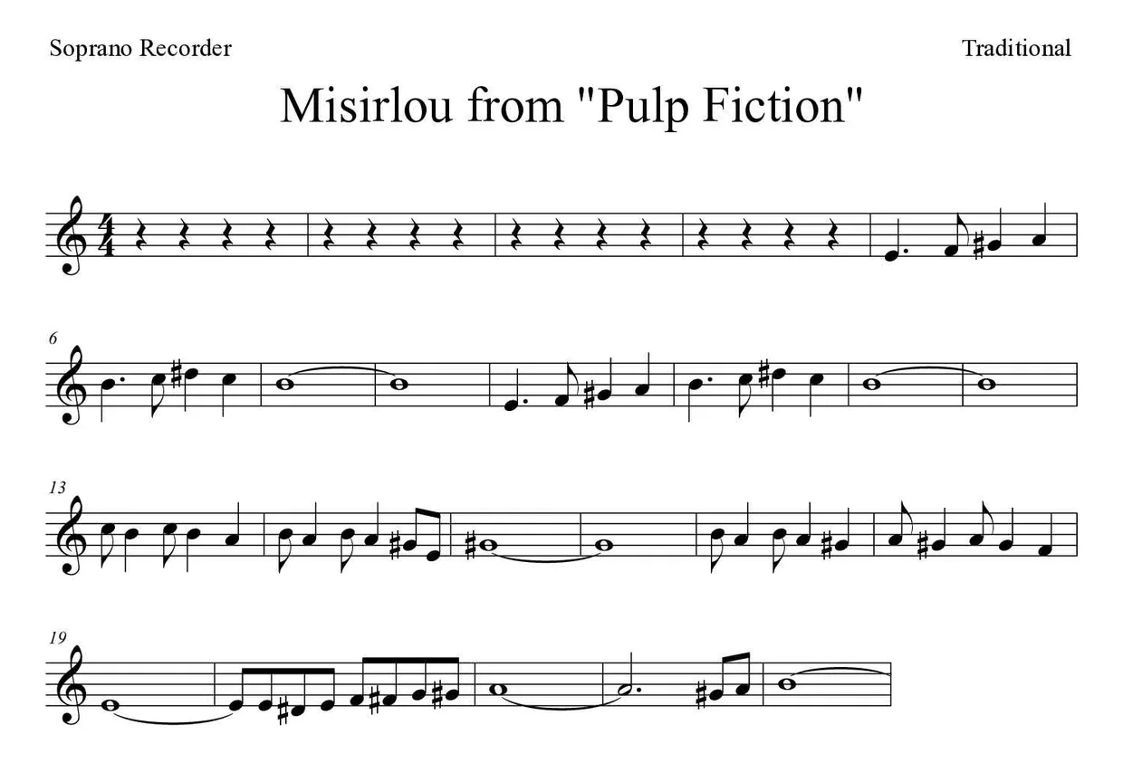 Spartito di Misirlou from "Pulp Fiction" per recorder, prime righe