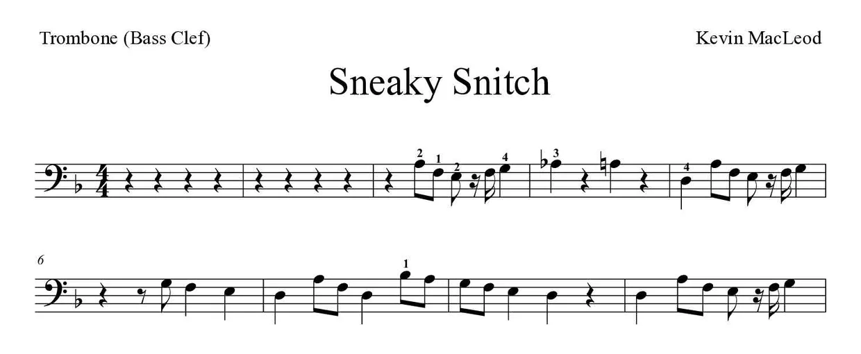 Sheet music of Sneaky Snitch for trombone (Medium), first lines