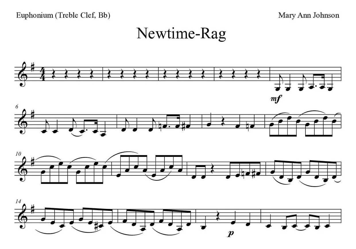 Bladmuziek van Newtime-Rag voor euphonium (treble clef, Bb), eerste regels