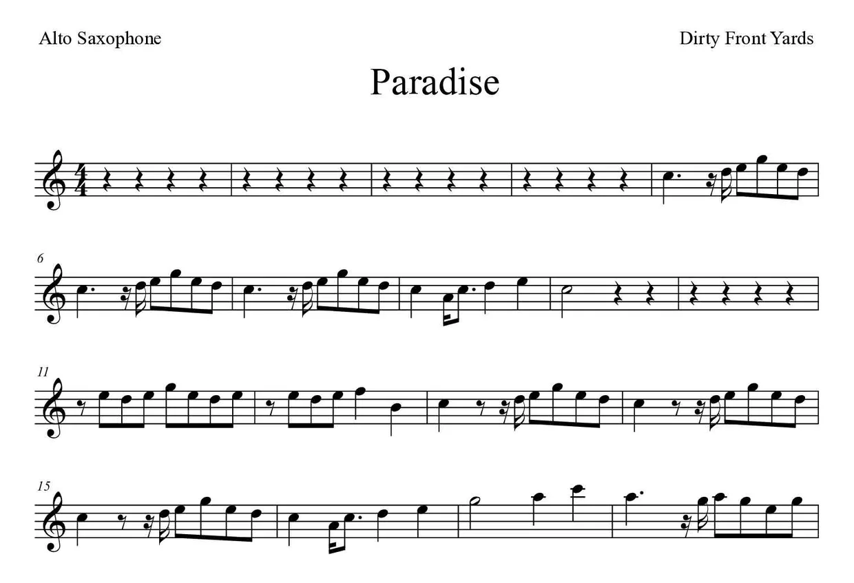 「Paradise」Alto Saxophone用楽譜の最初の数段