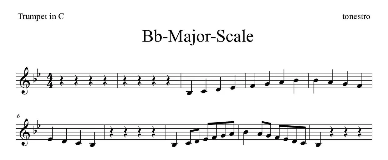 Bladmuziek van Bb-Major-Scale voor trumpet in C, eerste regels