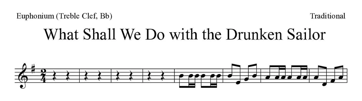 Partition de What Shall We Do with the Drunken Sailor pour euphonium (clé de sol, si bémol), premières lignes