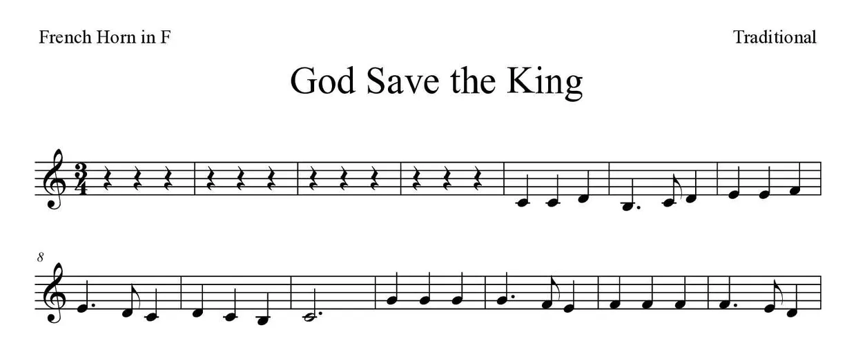 Partitura de God Save the King para trompa, primeras líneas
