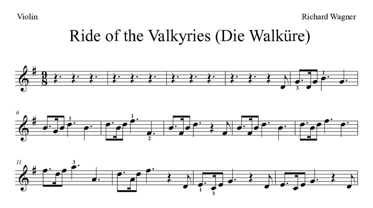 Spartito di Ride of the Valkyries (Die Walküre) per violin, prime righe
