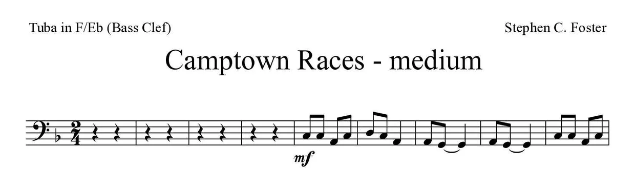 Partitura de Camptown Races - medium para tuba en Fa/Mib (clave de Fa), primeras líneas