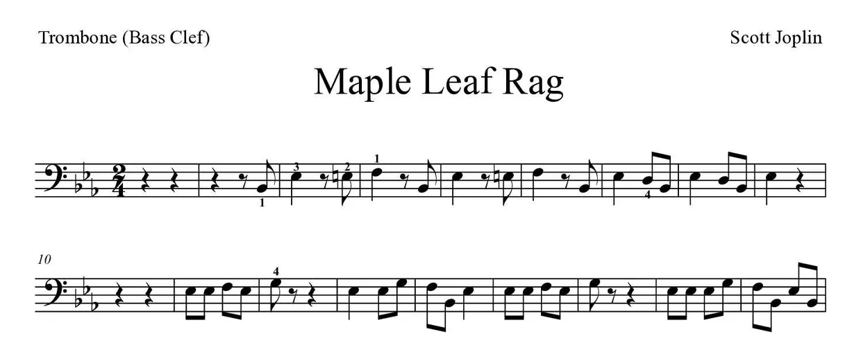 Noten von Maple Leaf Rag für Posaune (Mittel), erste Zeilen