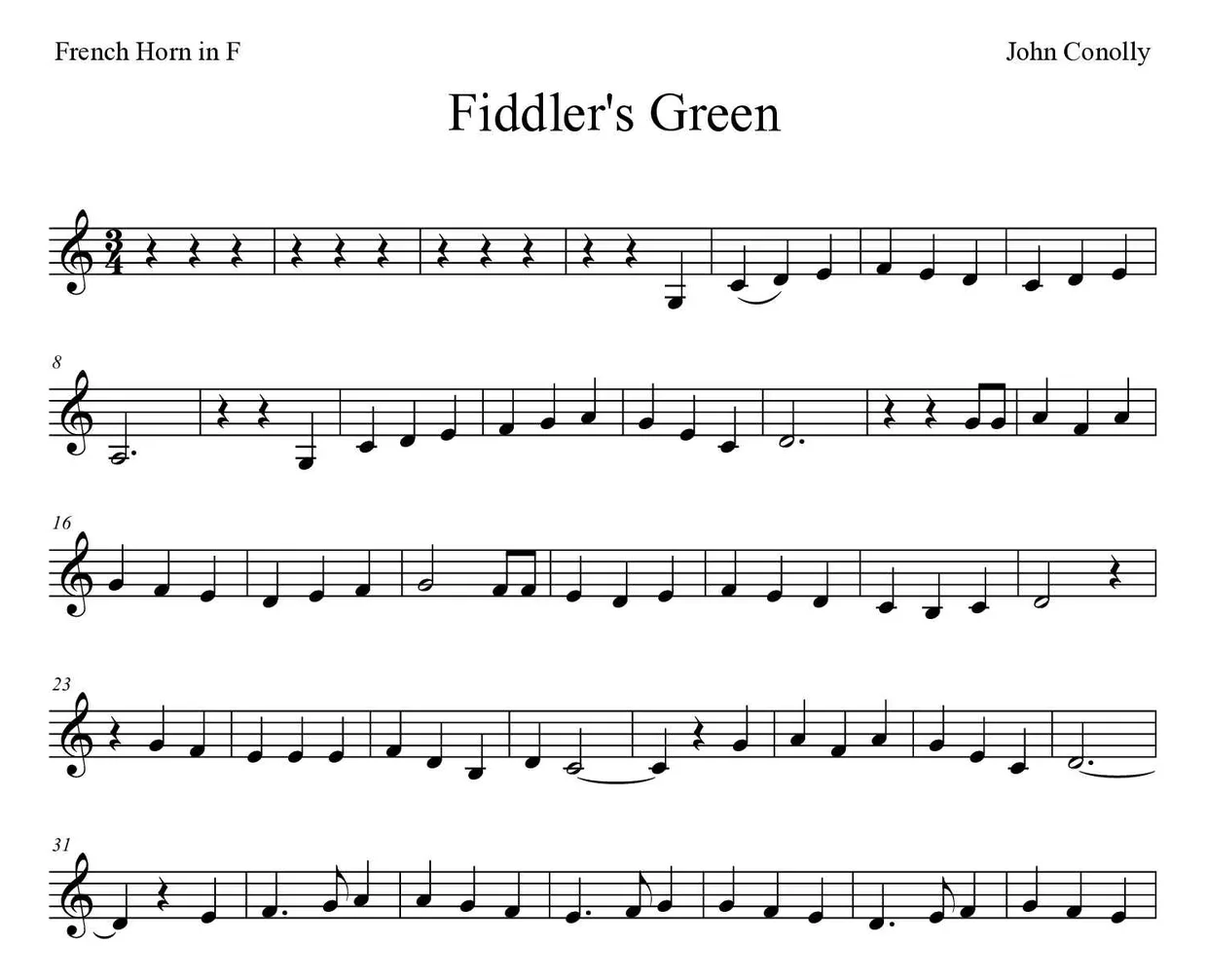 「Fiddler's Green」French Horn用楽譜の最初の数段