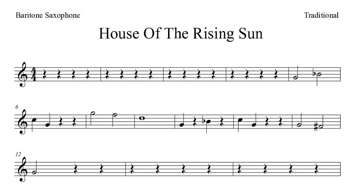 Partitura de House Of The Rising Sun para saxofone barítono, primeiras linhas