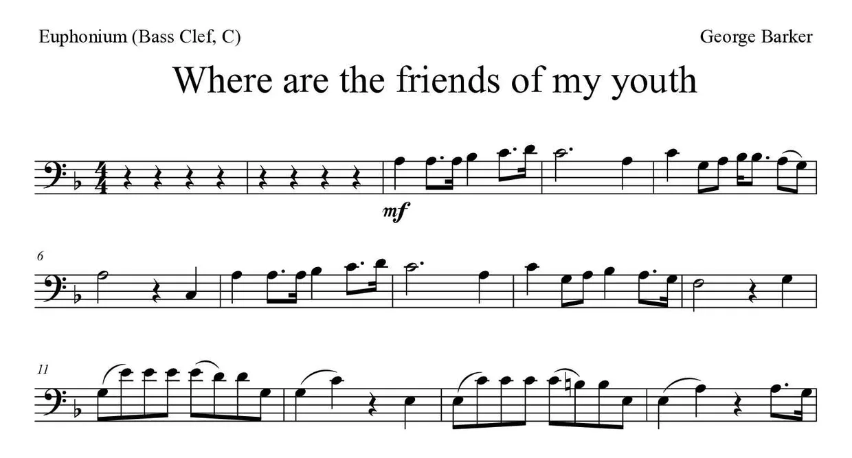 Sheet music of Where are the friends of my youth for euphonium (bass clef, C) (Medium), first lines