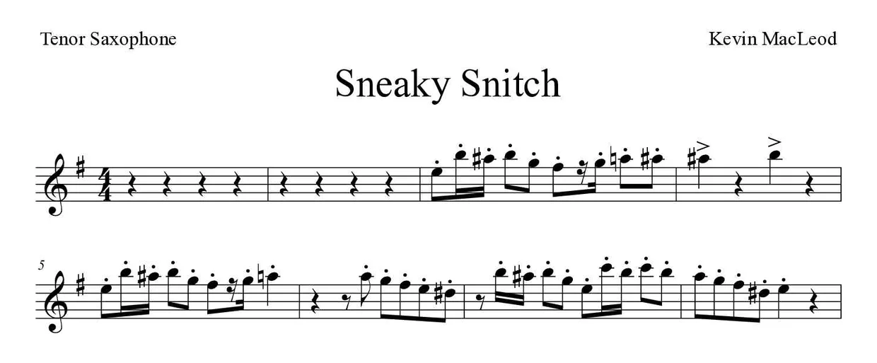 「Sneaky Snitch」Tenor Saxophone用楽譜の最初の数段