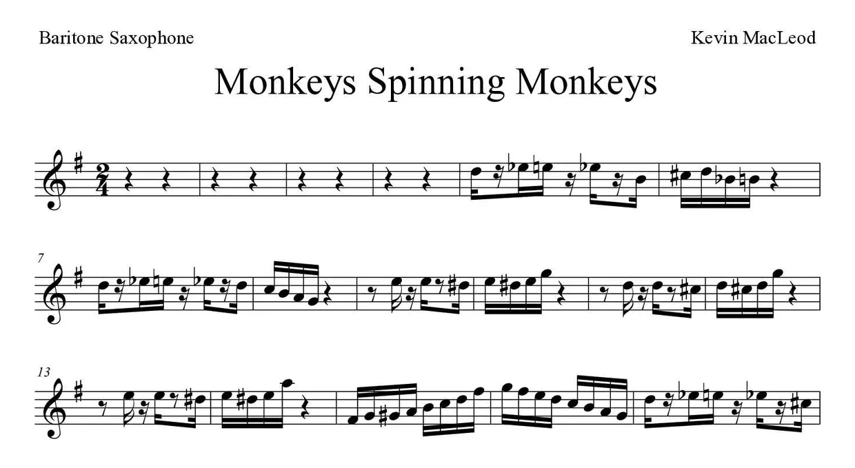 Sheet music of Monkeys Spinning Monkeys for baritone saxophone (Expert), first lines