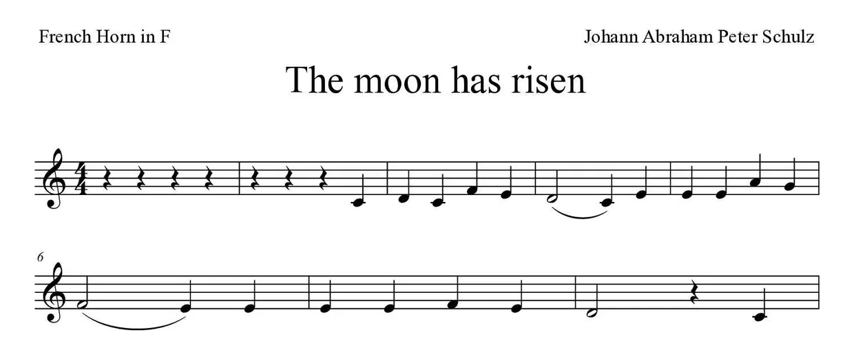 Partitura de The moon has risen para trompa, primeras líneas