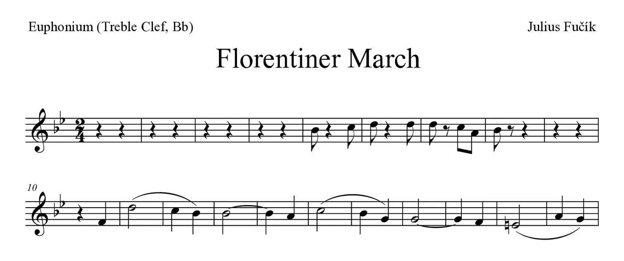 ‘Florentiner March’ Euphonium (Treble Clef, Bb) 악보의 첫 몇 줄