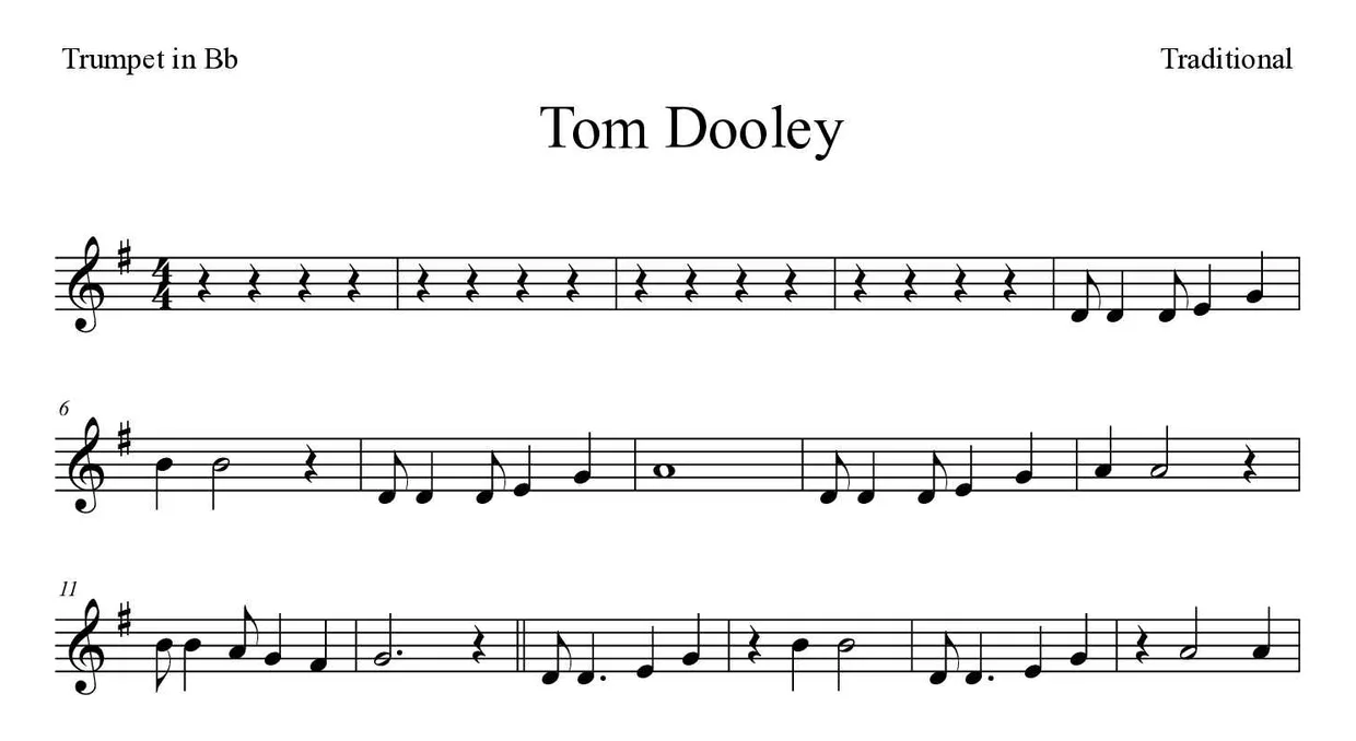 「Tom Dooley」Trumpet in Bb用楽譜の最初の数段