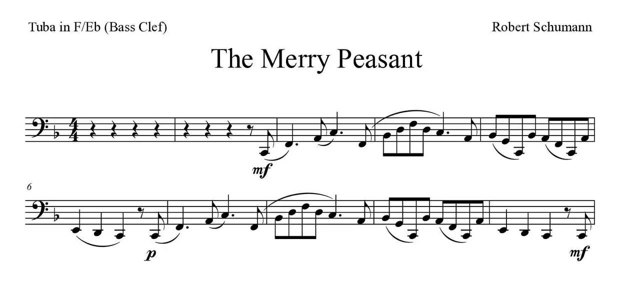 Bladmuziek van The Merry Peasant voor tuba in F/Eb (bass clef), eerste regels