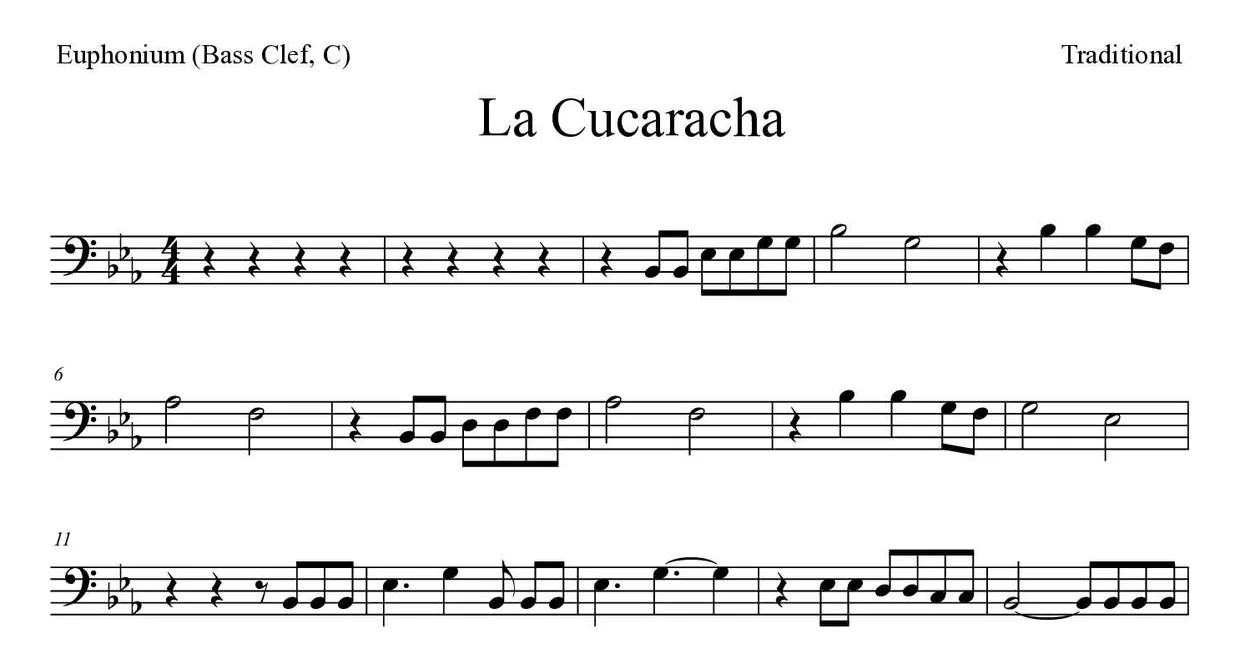 ‘La Cucaracha’ Euphonium (Bass Clef, C) 악보의 첫 몇 줄