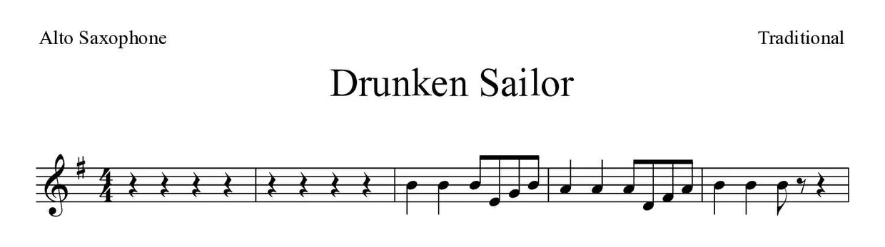 ‘Drunken Sailor’ Alto Saxophone 악보의 첫 몇 줄