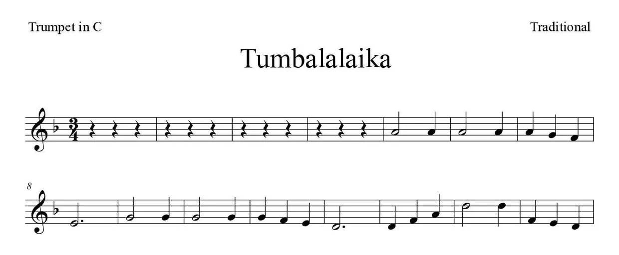 Partitura de Tumbalalaika para trompete em Do, primeiras linhas
