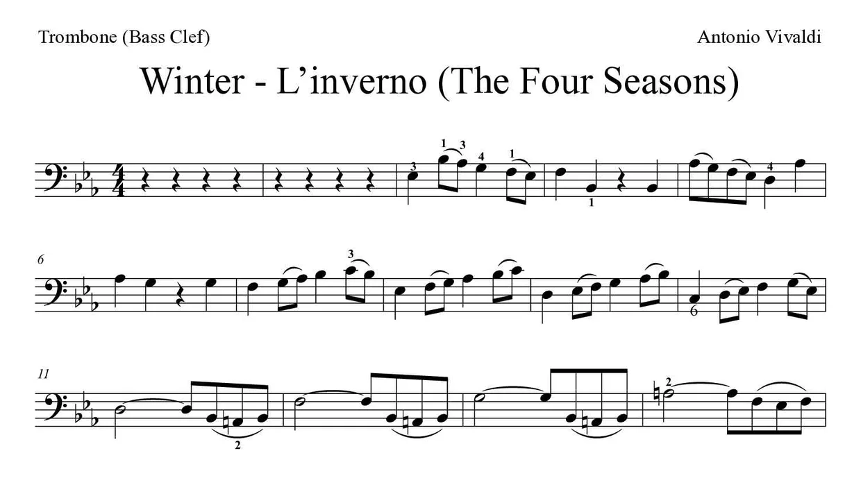 「Winter - L’inverno (The Four Seasons)」Trombone用楽譜の最初の数段