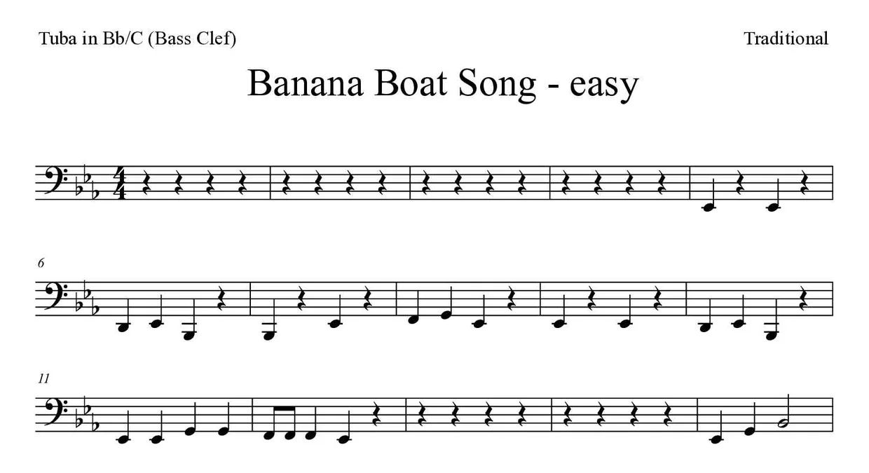 Spartito di Banana Boat Song - easy per tuba in Bb/C (bass clef), prime righe