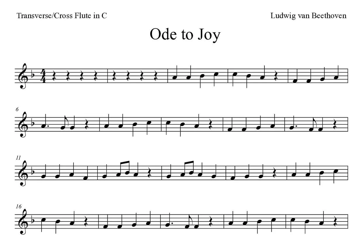 Bladmuziek van Ode to Joy voor flute, eerste regels