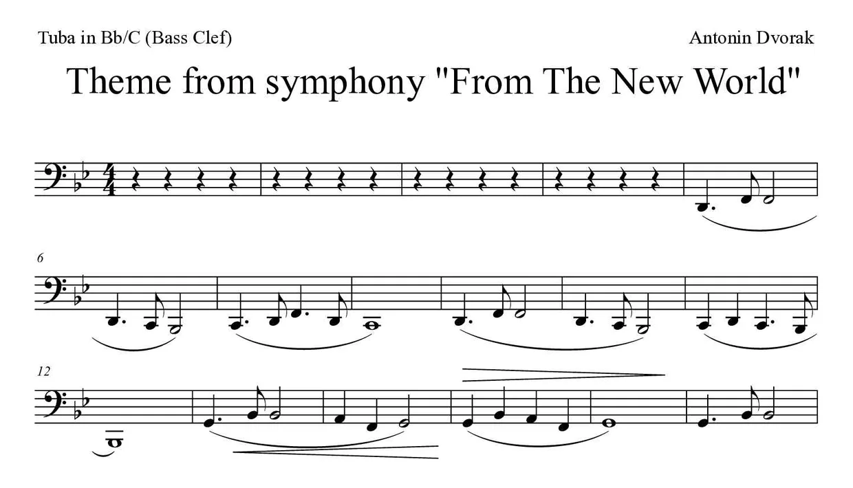 Partitura de Theme from symphony "From The New World" para tuba em Sib/Do (clave de Fa), primeiras linhas