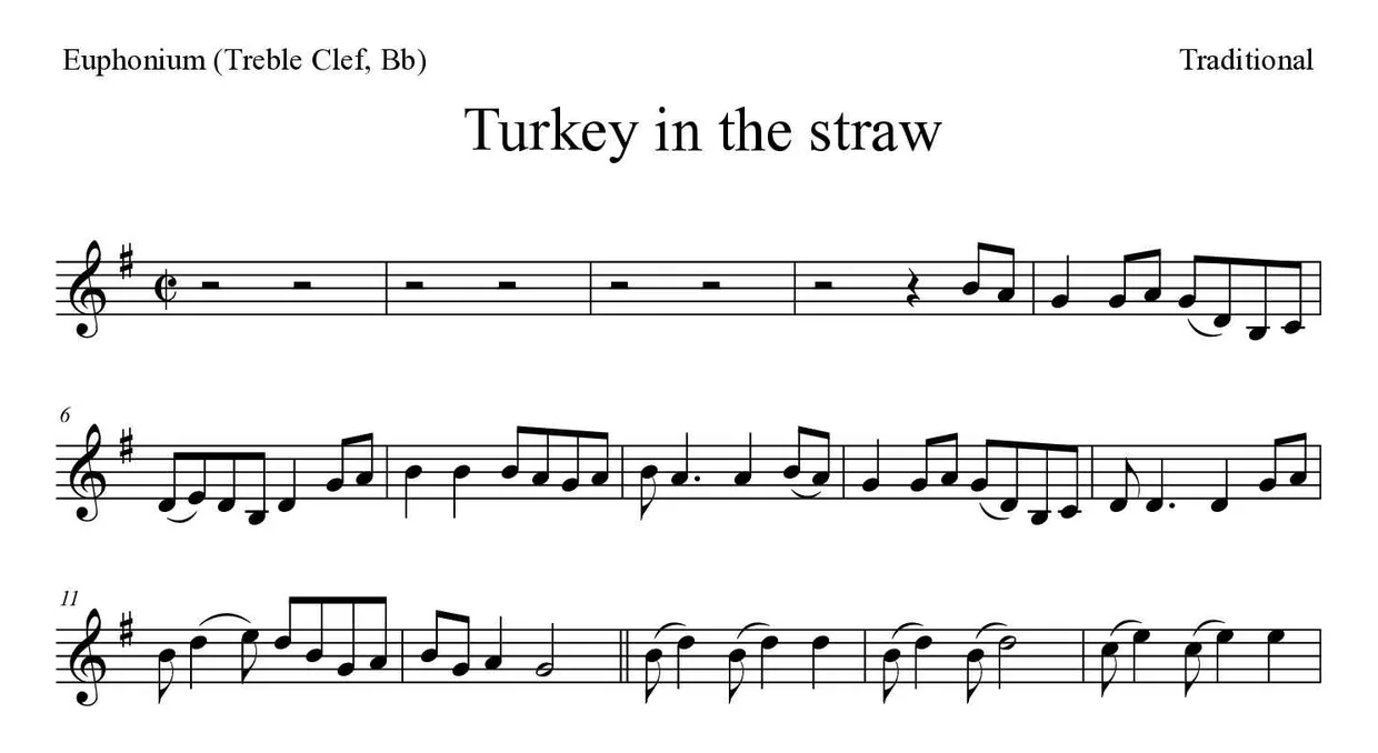 《Turkey in the straw》上低音号（高音谱号，降B调）乐谱前几行