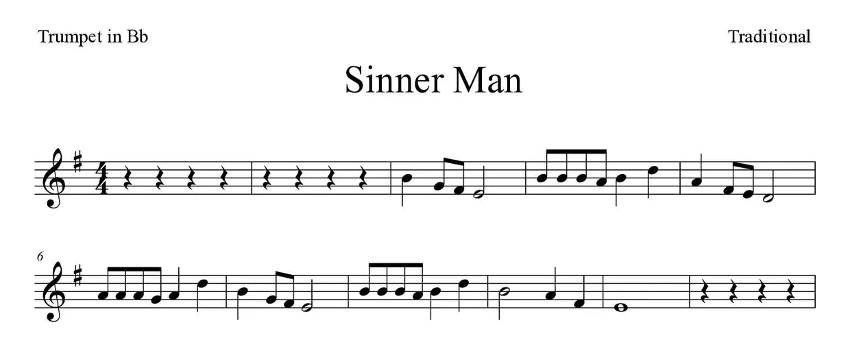 Partitura de Sinner Man para trompete em Sib, primeiras linhas