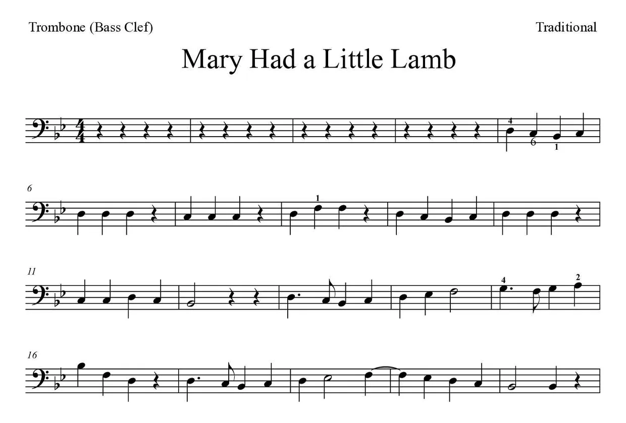 ‘Mary Had a Little Lamb’ Trombone 악보의 첫 몇 줄