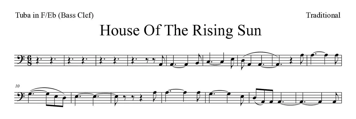 Sheet music of House Of The Rising Sun for tuba in F/Eb (bass clef) (Medium), first lines