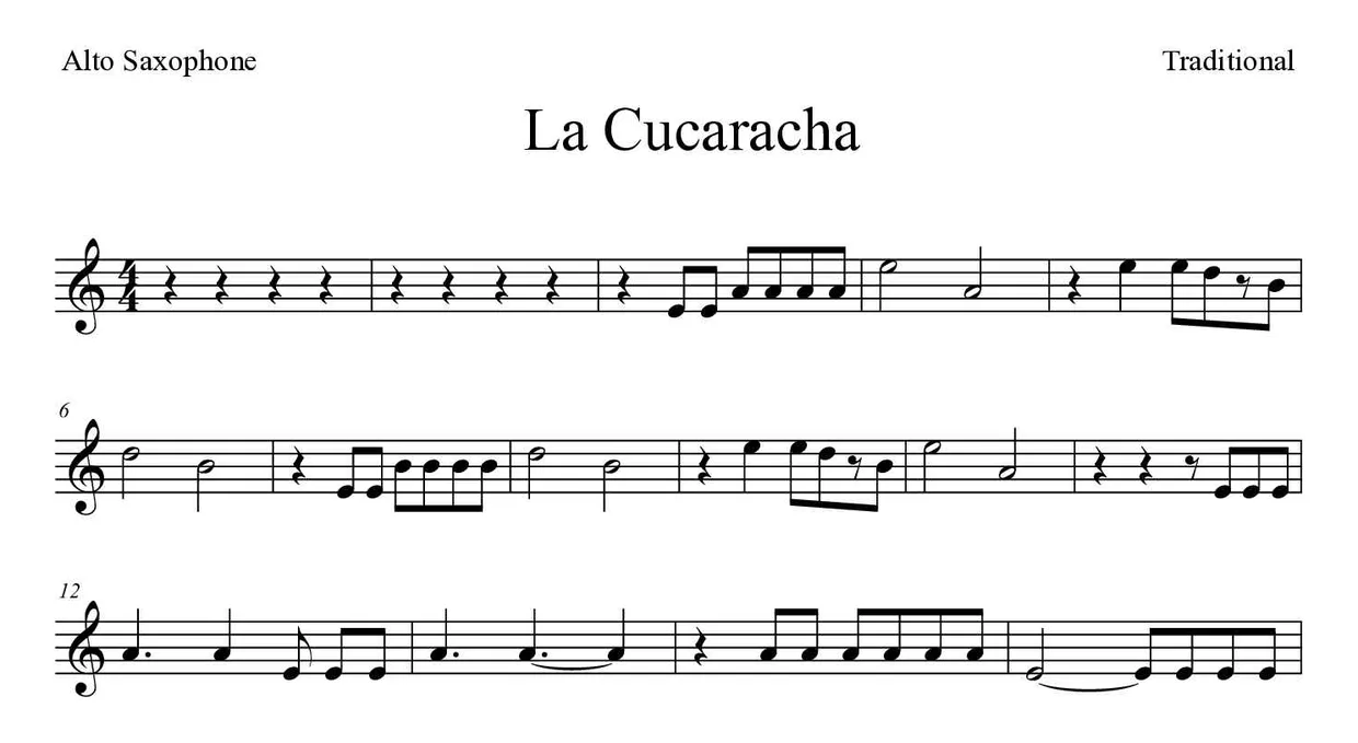 ‘La Cucaracha’ Alto Saxophone 악보의 첫 몇 줄