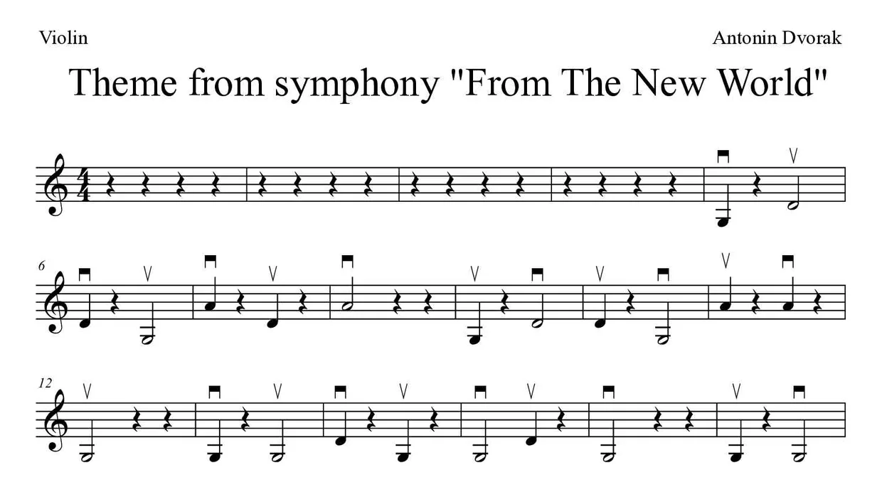 ‘Theme from symphony "From The New World"’ Violin 악보의 첫 몇 줄