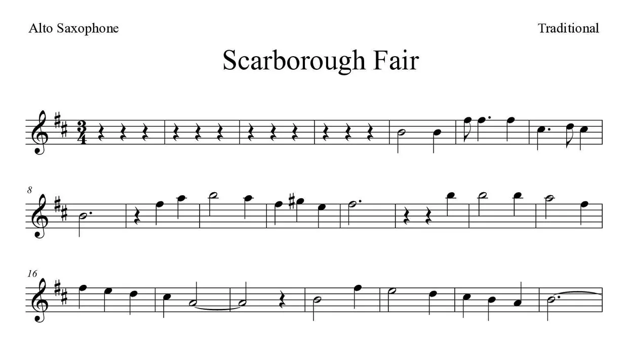 Bladmuziek van Scarborough Fair voor alto saxophone, eerste regels