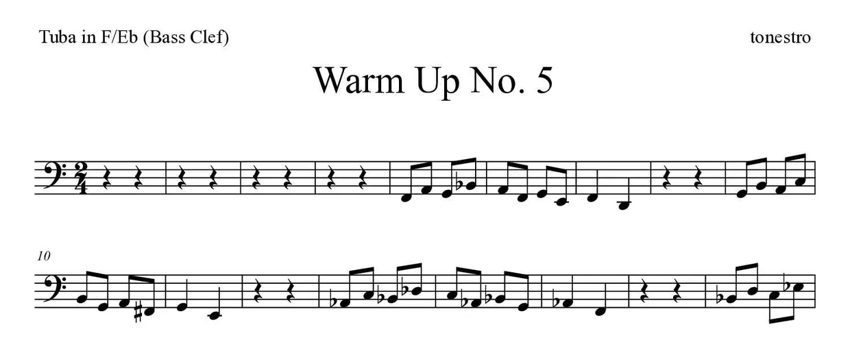 ‘Warm Up No. 5’ Tuba in F/Eb (Bass Clef) 악보의 첫 몇 줄