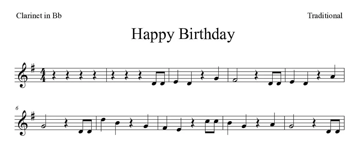 Partitura de Happy Birthday para clarinete, primeiras linhas