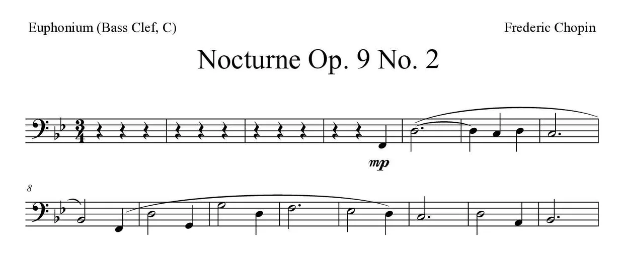 「Nocturne Op. 9 No. 2」Euphonium (Bass Clef, C)用楽譜の最初の数段