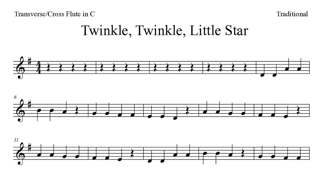 Spartito di Twinkle, Twinkle, Little Star per flute, prime righe
