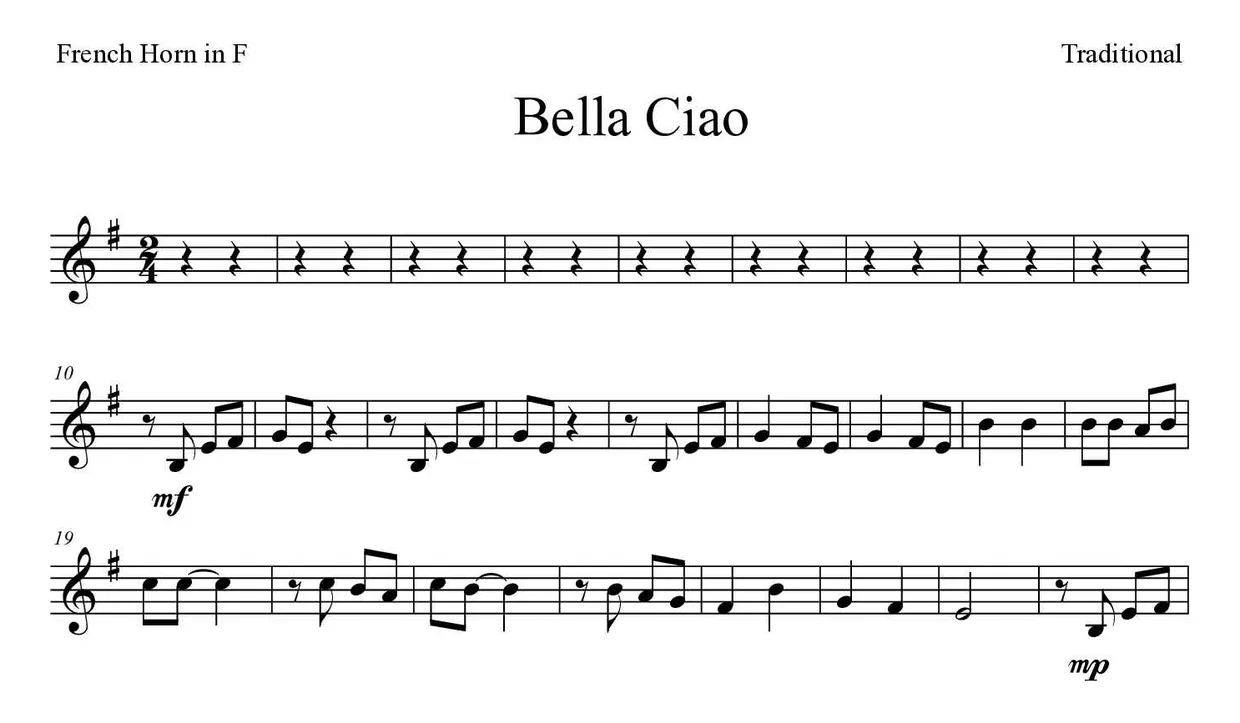 Bladmuziek van Bella Ciao voor French horn, eerste regels