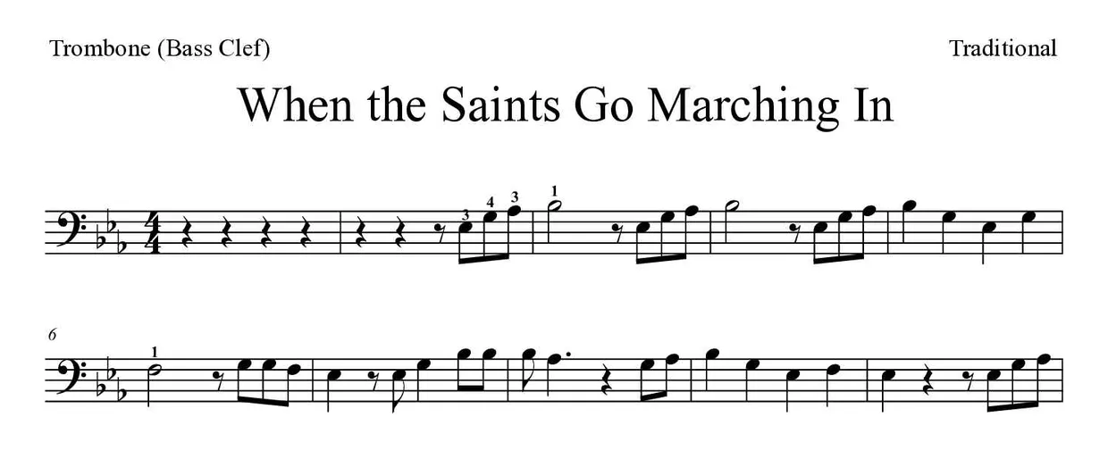 Spartito di When the Saints Go Marching In per trombone, prime righe