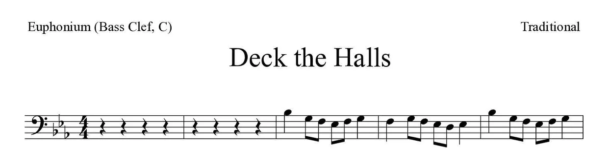 ‘Deck the Halls’ Euphonium (Bass Clef, C) 악보의 첫 몇 줄