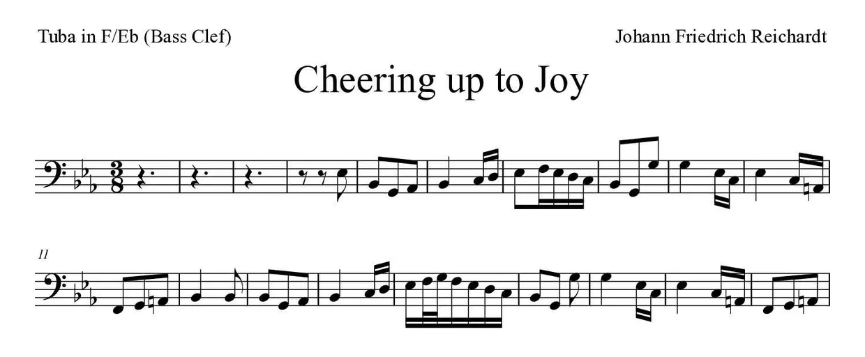 Sheet music of Cheering up to Joy for tuba in F/Eb (bass clef) (Expert), first lines