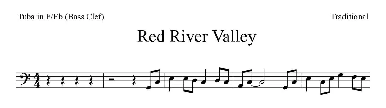 「Red River Valley」Tuba in F/Eb (Bass Clef)用楽譜の最初の数段