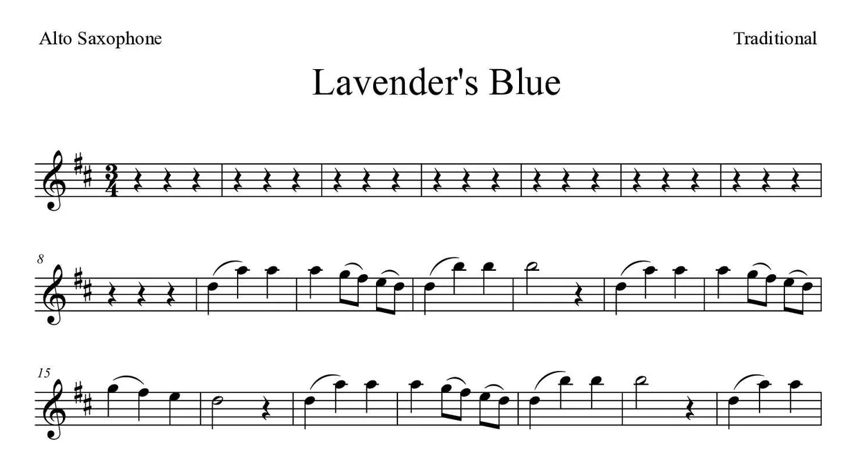 Partitura de Lavender's Blue para alto saxofone, primeiras linhas