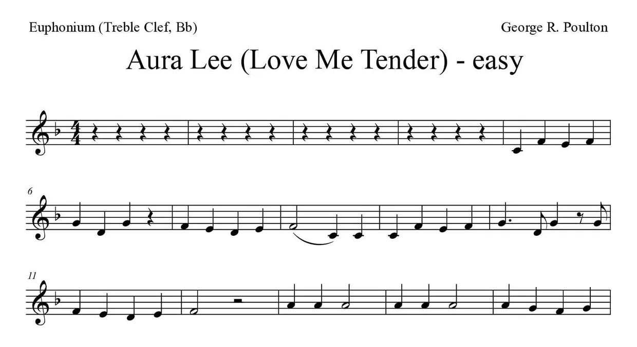 Spartito di Aura Lee per euphonium (treble clef, Bb), prime righe