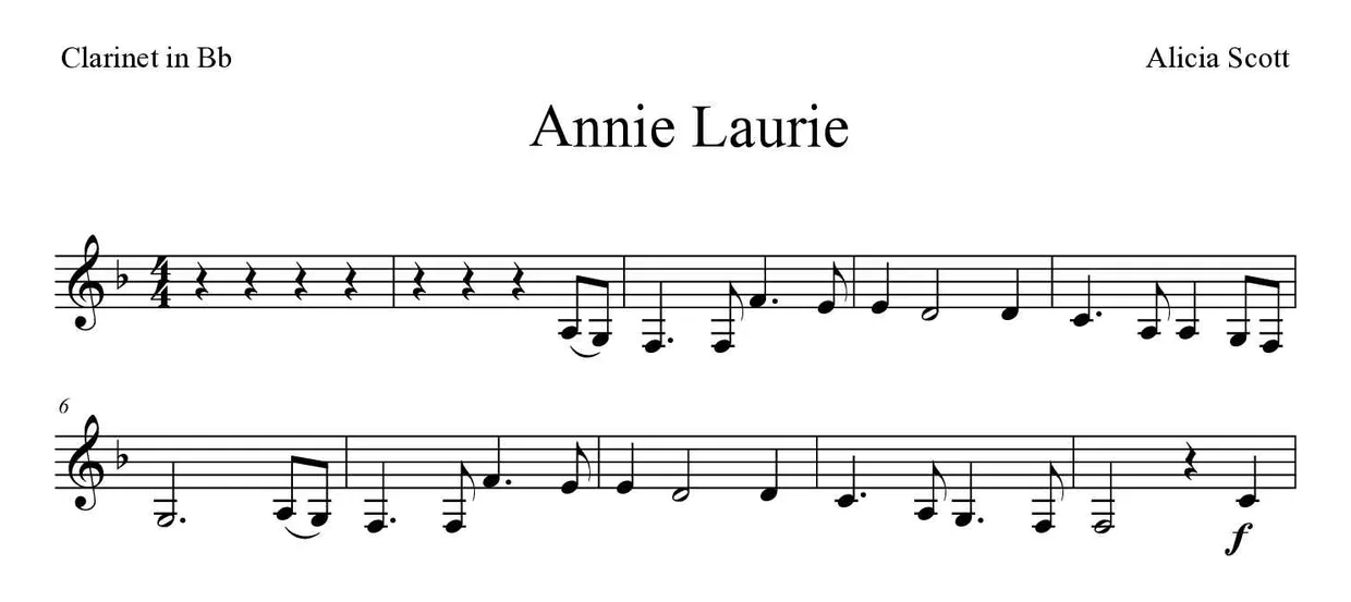 Partition de Annie Laurie pour clarinette, premières lignes