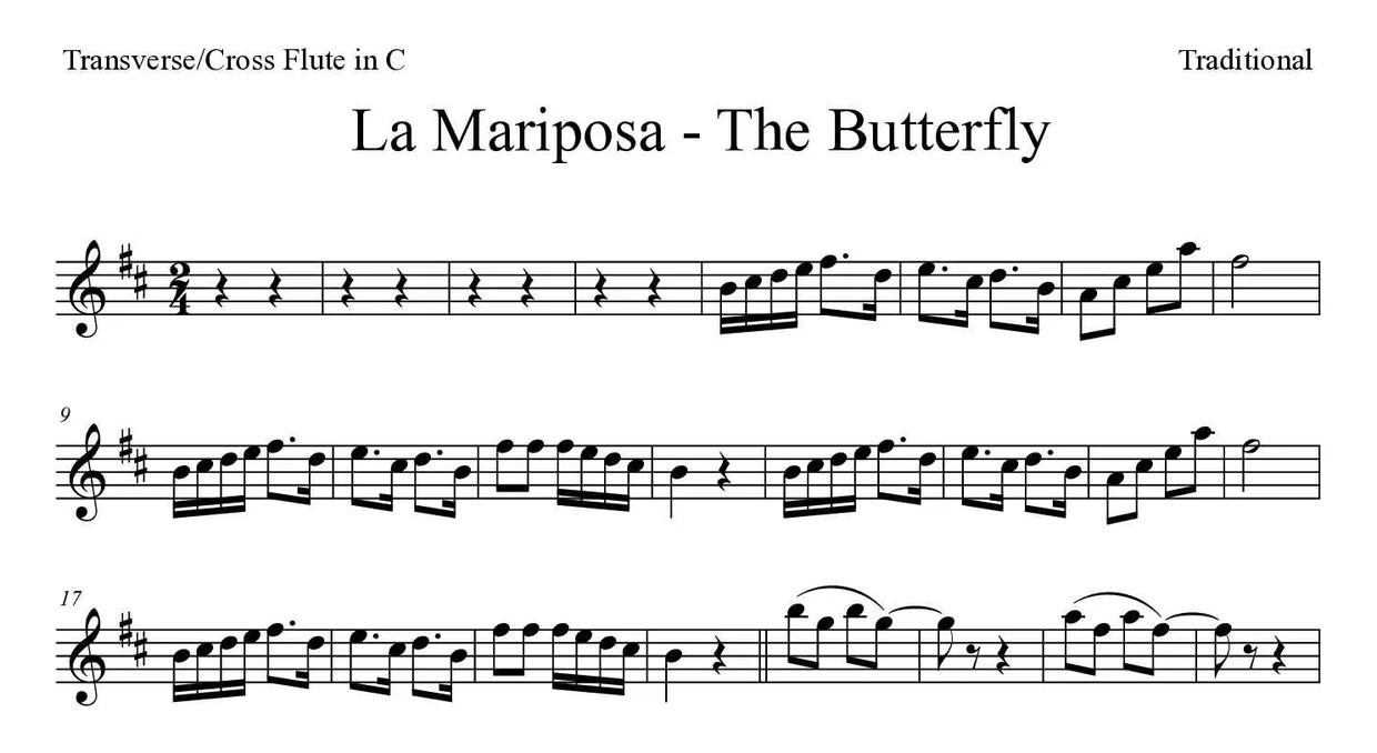 Partitura de La Mariposa - The Butterfly para flauta transversal, primeiras linhas