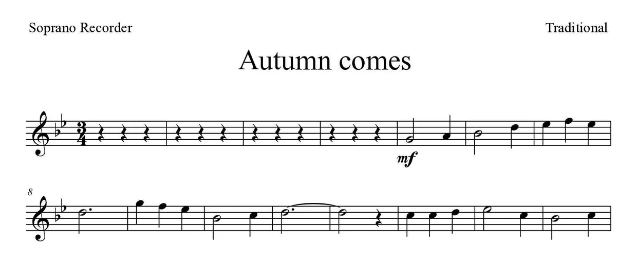 Partition de Autumn comes pour flûte à bec, premières lignes