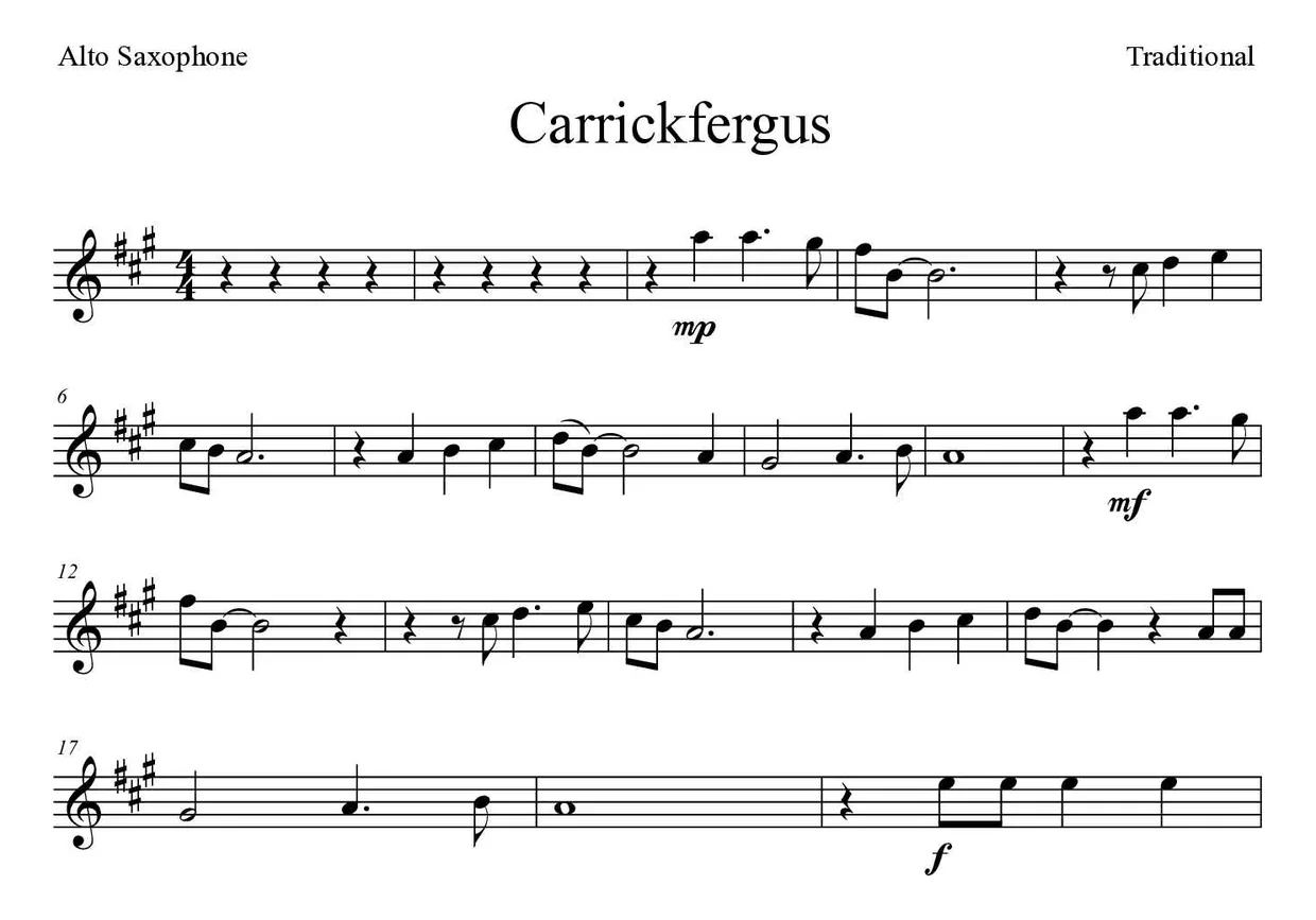 ‘Carrickfergus’ Alto Saxophone 악보의 첫 몇 줄