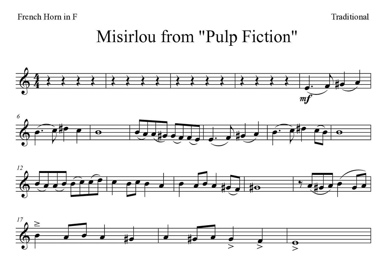 Spartito di Misirlou from "Pulp Fiction" per French horn, prime righe